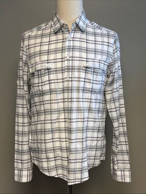 BOSS Orange Plaid Button Front Shirt Men's Large Gray White Stretch Cotton